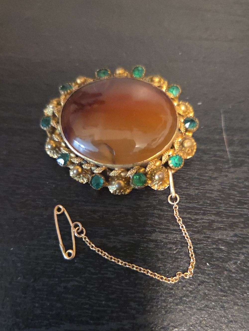 [Antique] Gold Filled Agate Cabochon Brooch
